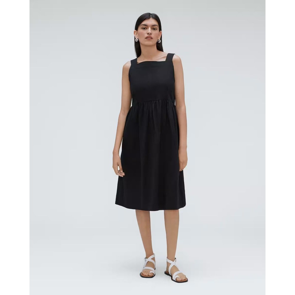 EVERLANE The Seersucker Midi Dress S Black Cotton Pockets Square Neck NWT B29